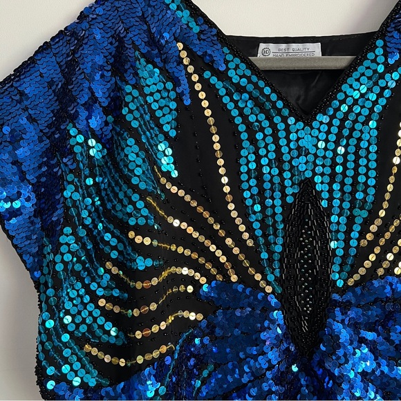Vintage 1980s Sequin Butterfly Top Batwing Dolman Sleeve Hand Embroidered - Picture 2 of 7